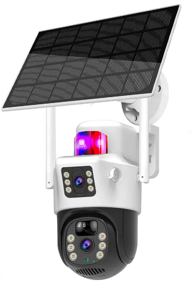 Camera de supraveghere 4G cu panou solar lentila dual 6 LED fiecare Audio bidirectional ALB